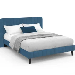 Lit double ANNIE avec tête de lit et sommier 140 x 190 cm velours bleu