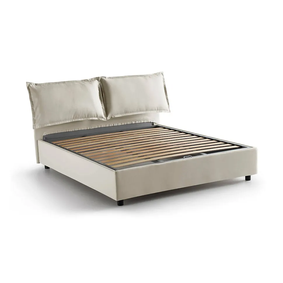 Lit double Askari, Lit coffre en tissu, Ouverture frontale, Convient pour matelas 140x190 cm, 100% Made in Italy, Beige