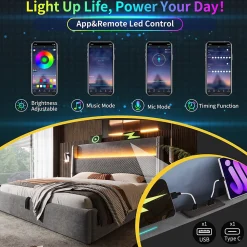 Lit double avec éclairage LED,ports USB/Type-C,haute tête de lit,cadre de lit coffre hydraulique 140x200 cm,lin,gris