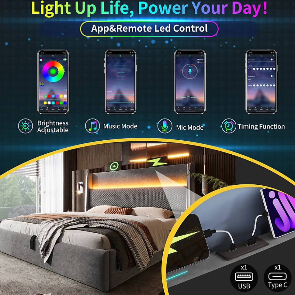 Lit double avec éclairage LED,ports USB/Type-C,haute tête de lit,cadre de lit coffre hydraulique 140x200 cm,lin,gris