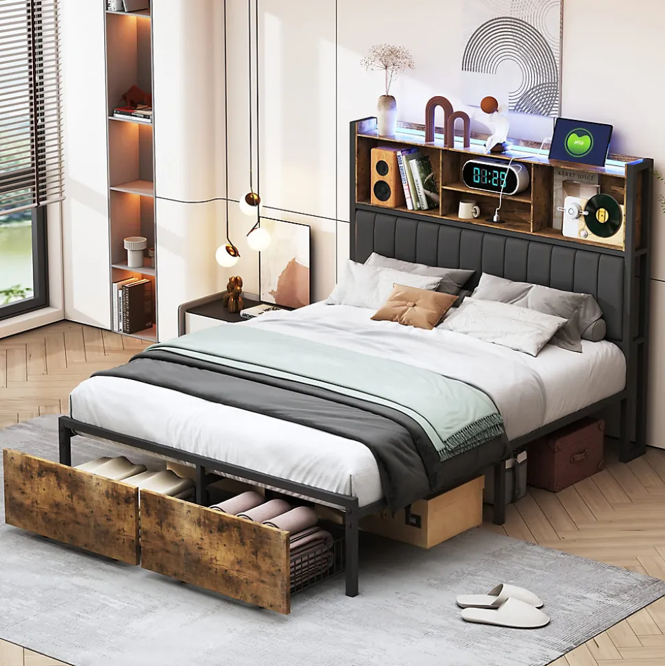 Lit double avec tiroirs 140x200 cm, lit coffre avec éclairage LED et USB, tête de lit avec rangements, 2 tiroirs, marron