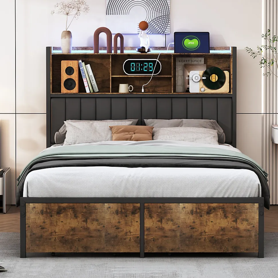 Lit double avec tiroirs 140x200 cm, lit coffre avec éclairage LED et USB, tête de lit avec rangements, 2 tiroirs, marron