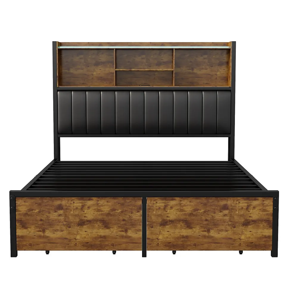 Lit double avec tiroirs 140x200 cm, lit coffre avec éclairage LED et USB, tête de lit avec rangements, 2 tiroirs, marron