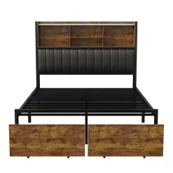 Lit double avec tiroirs 140x200 cm, lit coffre avec éclairage LED et USB, tête de lit avec rangements, 2 tiroirs, marron