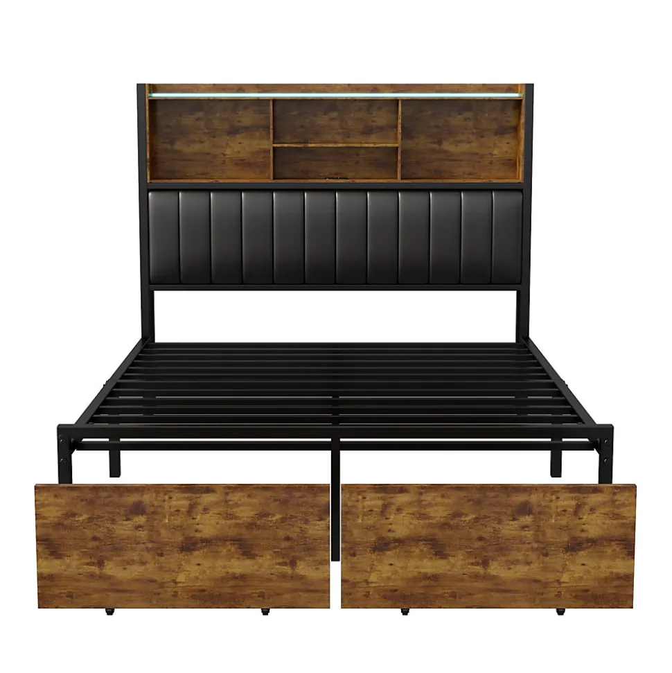 Lit double avec tiroirs 140x200 cm, lit coffre avec éclairage LED et USB, tête de lit avec rangements, 2 tiroirs, marron