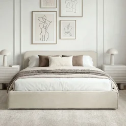 Lit double BELARTI 140 x 190 cm rembourré, revêtement en tissu - Blanc crème