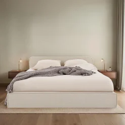 Lit double BELARTI 140 x 190 cm rembourré, revêtement en tissu - Beige