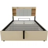 Lit double bois 140 par 200 cm avec tete de lit rangement prise USB et Type C systeme hydraulique sans matelas