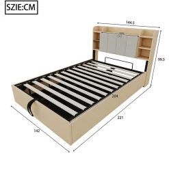 Lit double bois 140 par 200 cm avec tete de lit rangement prise USB et Type C systeme hydraulique sans matelas