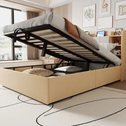 Lit double bois 140 par 200 cm avec tete de lit rangement prise USB et Type C systeme hydraulique sans matelas