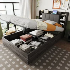 Lit double bois gris 140 par 200 cm avec tete de lit rangement prise USB et Type C systeme hydraulique sans matelas