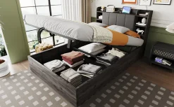 Lit double bois gris 140 par 200 cm avec tete de lit rangement prise USB et Type C systeme hydraulique sans matelas