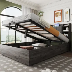 Lit double bois gris 140 par 200 cm avec tete de lit rangement prise USB et Type C systeme hydraulique sans matelas