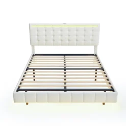 Lit Double Capitonné 160 X 200 Cm, Cadre De Lit Flottant, Rembourré, Avec LED, Lin, Beige