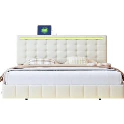 Lit Double Capitonné 160 X 200 Cm, Cadre De Lit Flottant, Rembourré, Avec LED, Lin, Beige