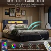 Lit Double Capitonné 160 X 200 Cm Avec Tête De Lit LED, Rangement, Sommier à Lattes En Bois, Gris
