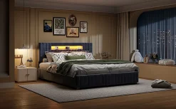 Lit Double Capitonné 160 X 200 Cm Avec Tête De Lit LED, Rangement, Sommier à Lattes En Bois, Gris