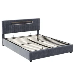 Lit Double Capitonné 160 X 200 Cm Avec Tête De Lit LED, Rangement, Sommier à Lattes En Bois, Gris