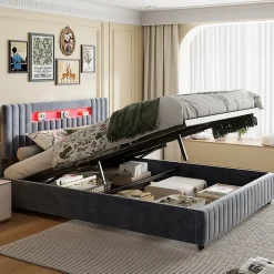 Lit Double Capitonné 160 X 200 Cm Avec Tête De Lit LED, Rangement, Sommier à Lattes En Bois, Gris