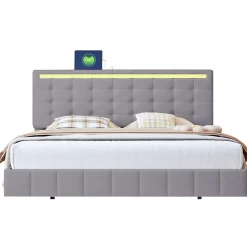 Lit double capitonné 160 x 200 cm, cadre de lit flottant, rembourré, avec LED, lin, gris