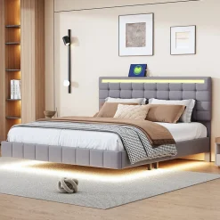 Lit double capitonné 160 x 200 cm, cadre de lit flottant, rembourré, avec LED, lin, gris