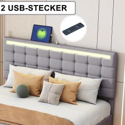 Lit double capitonné 160 x 200 cm, cadre de lit flottant, rembourré, avec LED, lin, gris