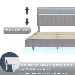 Lit double capitonné 160 x 200 cm, cadre de lit flottant, rembourré, avec LED, lin, gris