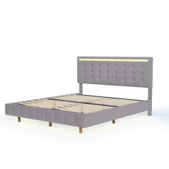 Lit double capitonné 160 x 200 cm, cadre de lit flottant, rembourré, avec LED, lin, gris