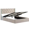 Lit double capitonné 140 x 190 cm, avec tête de lit et éclairage LED, espace de rangement, beige