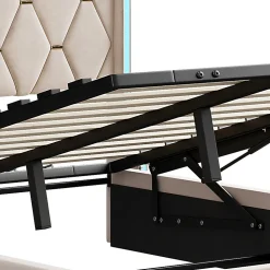 Lit double capitonné 140 x 190 cm, avec tête de lit et éclairage LED, espace de rangement, beige