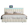 Lit double capitonné 140 x 200 cm, cadre de lit flottant, rembourré, avec LED, lin, beige