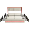 Lit double capitonné 140 x 190 cm, avec tête de lit et éclairage LED, 4 tiroirs, tissu lin, beige