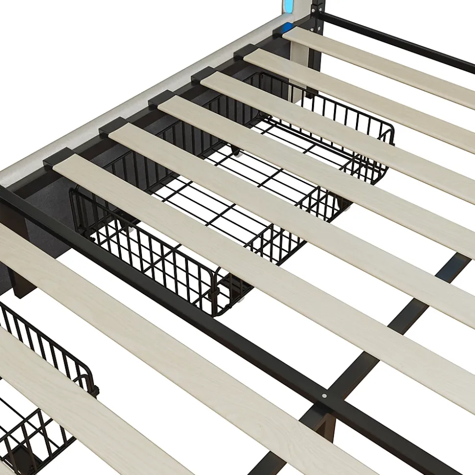 Lit double capitonné 140 x 190 cm, avec tête de lit et éclairage LED, 4 tiroirs, tissu lin, beige