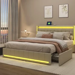 Lit double capitonné 140 x 190 cm, avec tête de lit et éclairage LED, 4 tiroirs, tissu lin, beige
