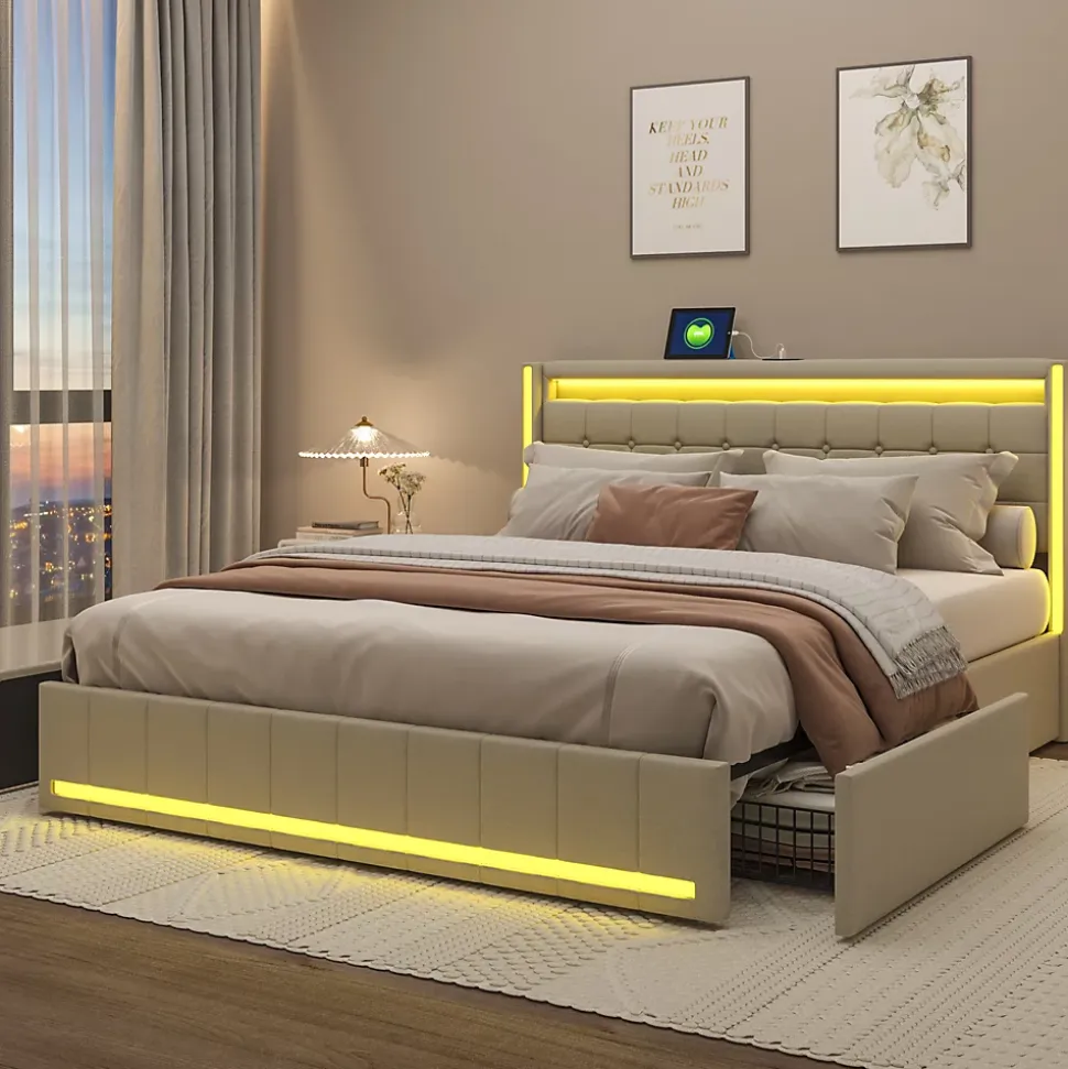 Lit double capitonné 140 x 190 cm, avec tête de lit et éclairage LED, 4 tiroirs, tissu lin, beige