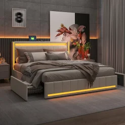 Lit double capitonné 140 x 190 cm, avec tête de lit et éclairage LED, 4 tiroirs, tissu lin, beige