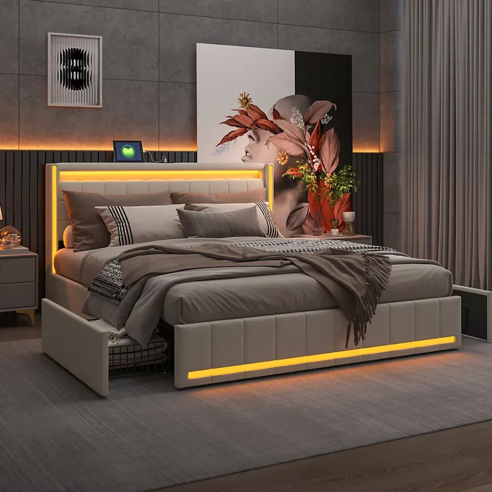 Lit double capitonné 140 x 190 cm, avec tête de lit et éclairage LED, 4 tiroirs, tissu lin, beige