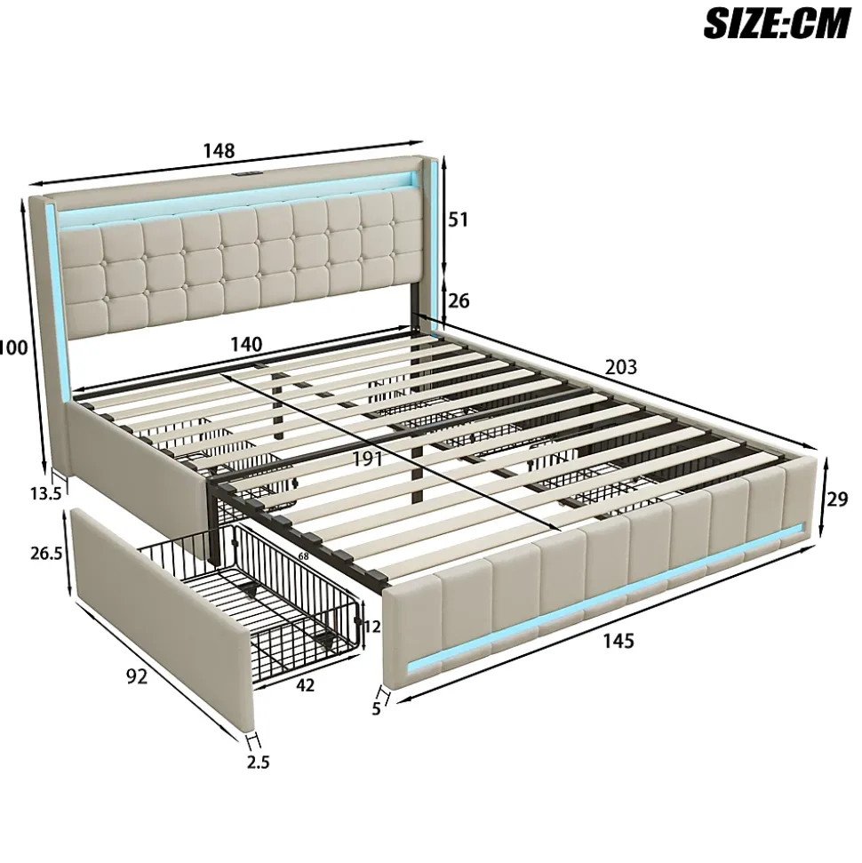 Lit double capitonné 140 x 190 cm, avec tête de lit et éclairage LED, 4 tiroirs, tissu lin, beige