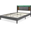 Lit double capitonné gris avec tête de lit rangement éclairage LED