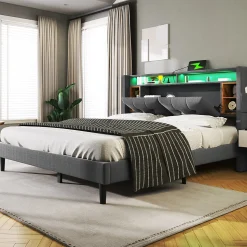 Lit double capitonné gris avec tête de lit rangement éclairage LED