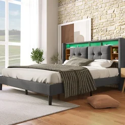 Lit double capitonné gris avec tête de lit rangement éclairage LED