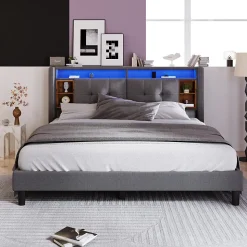 Lit double capitonné gris avec tête de lit rangement éclairage LED