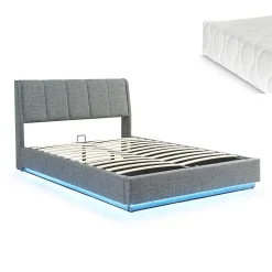 Lit double capitonné Tröstiar avec éclairage LED et matelas 140 x 200 cm anthracite en.casa