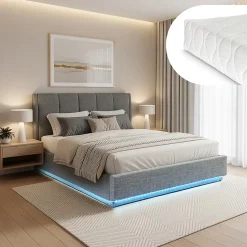 Lit double capitonné Tröstiar avec éclairage LED et matelas 140 x 200 cm anthracite en.casa