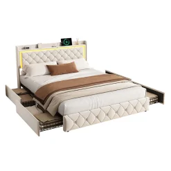 Lit Double Capitonné, 140x190 Cm, Avec 4 Tiroirs, Éclairage LED Et Ports De Chargement, Beige