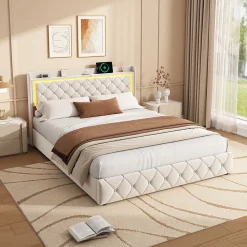 Lit Double Capitonné, 140x190 Cm, Avec 4 Tiroirs, Éclairage LED Et Ports De Chargement, Beige