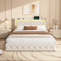 Lit Double Capitonné, 140x190 Cm, Avec 4 Tiroirs, Éclairage LED Et Ports De Chargement, Beige