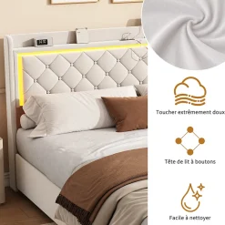 Lit Double Capitonné, 140x190 Cm, Avec 4 Tiroirs, Éclairage LED Et Ports De Chargement, Beige