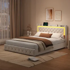 Lit Double Capitonné, 140x190 Cm, Avec 4 Tiroirs, Éclairage LED Et Ports De Chargement, Beige