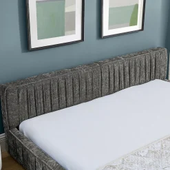 Lit Double Capitonné 160x200 cm, Tête de Lit, Structure Bois d'Eucalyptus Métal, Chenille Doux, Gris Foncé, Sans Matelas